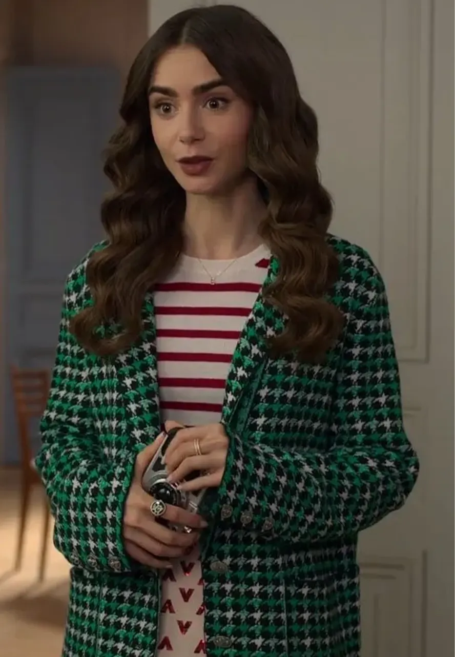 Emily In Paris S2 Lily Collins Green Houndstooth Blazer